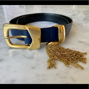 Escada blue leather and gold tassel belt